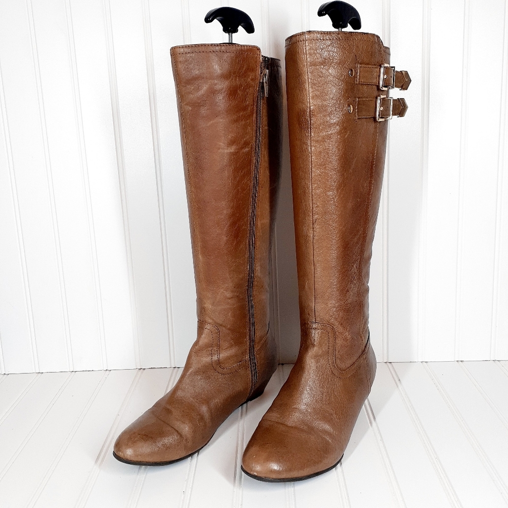 Steve Madden Indey Tall Low Wedge Brown Leather Boots C670